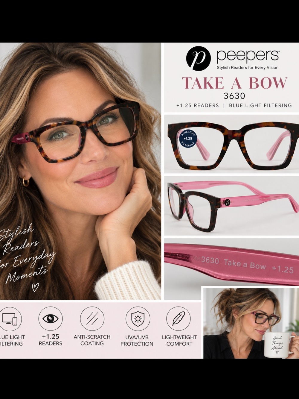 Peepers Take A Bow Tortoise & Pink Reading Glasses (+1.25)